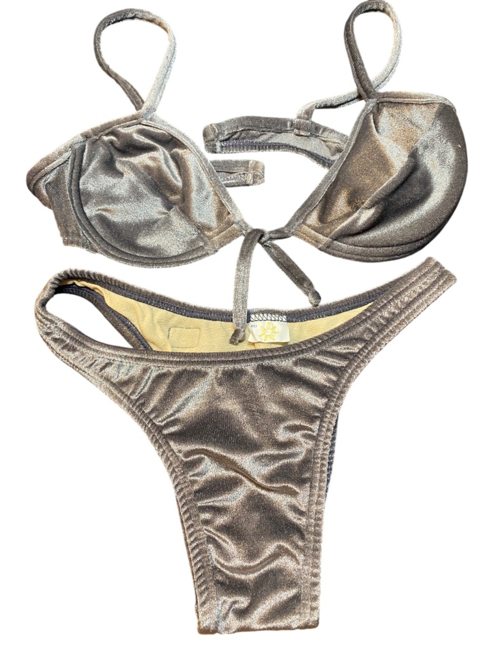 NWOT Made in Brazil Metallic Taupe Velour High Cut Brazilian Bikini Set G S / XS